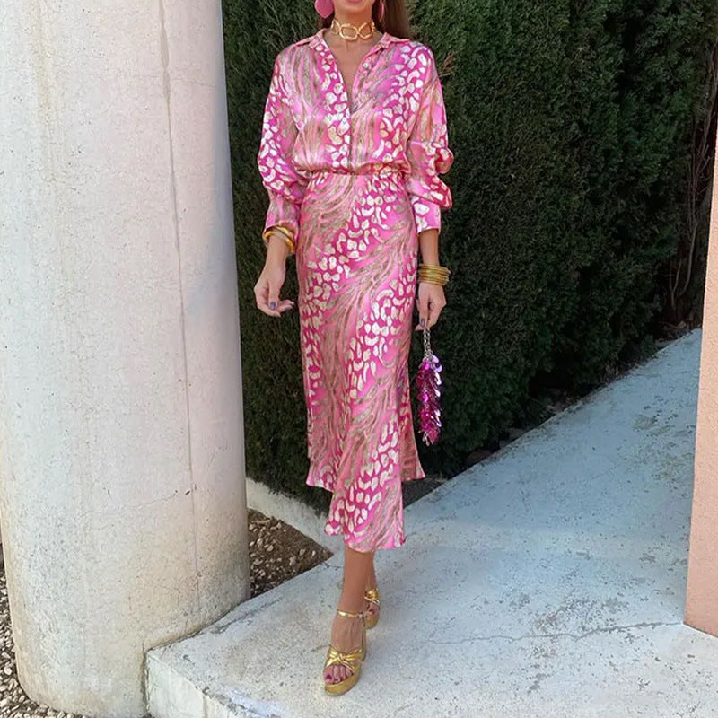 Valenzora | Satin Printed Midi Dress with Long Sleeves for Women