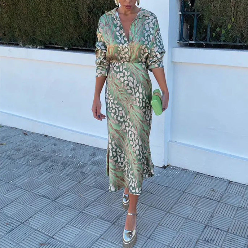 Valenzora | Satin Printed Midi Dress with Long Sleeves for Women