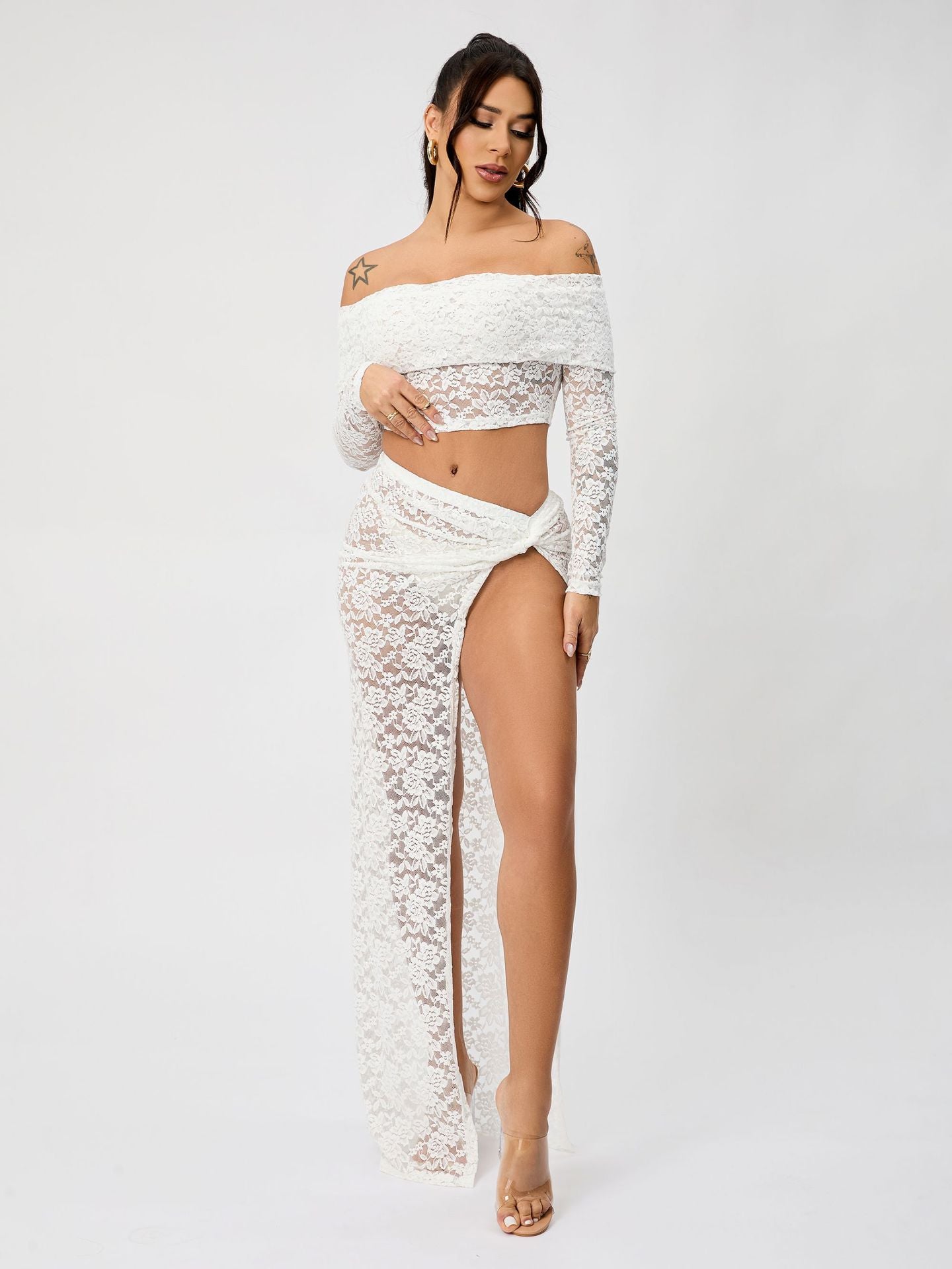 Valenzora | Off-Shoulder Floral Lace Long Sleeve Maxi Co-Ord Set