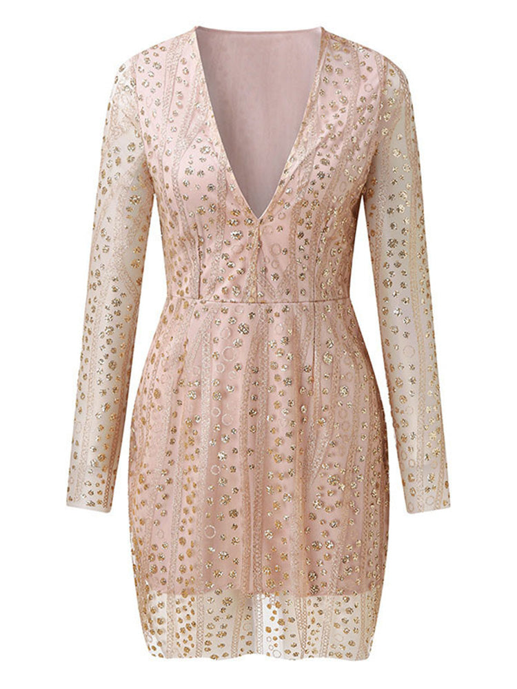 Valenzora | Women's Semi-Transparent Gold-Tone Sequin Midi Dress