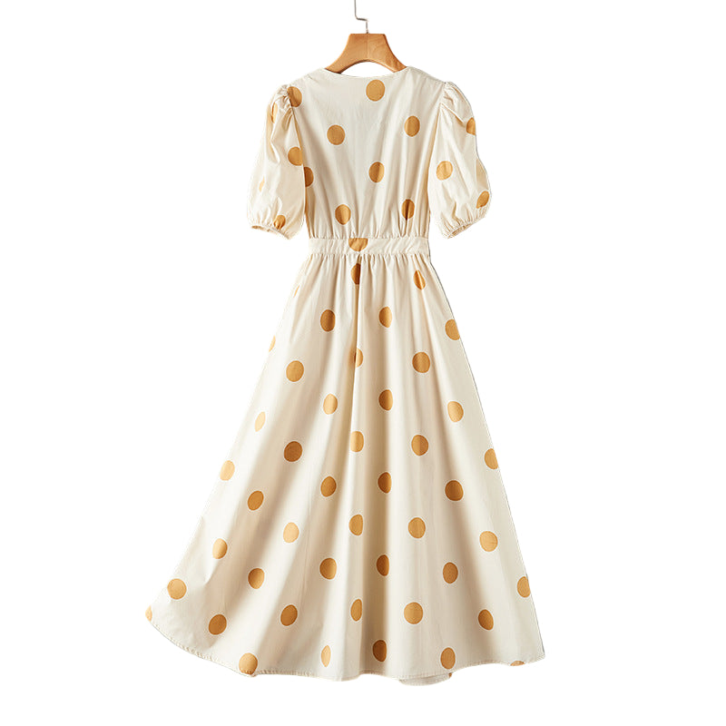 Women's midi dress with feminine V-neck and gathered puff sleeves, size