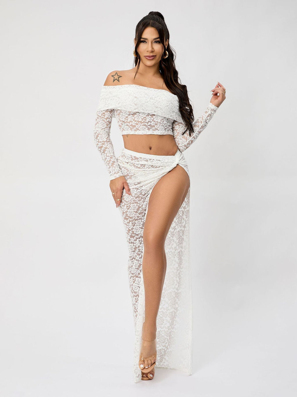 Valenzora | Off-Shoulder Floral Lace Long Sleeve Maxi Co-Ord Set