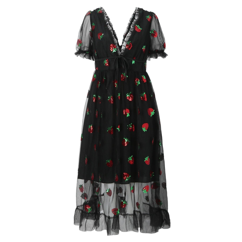 Damen-Tüllkleid mit verspieltem Erdbeerdesign und eleganter Schnürung, Größe S