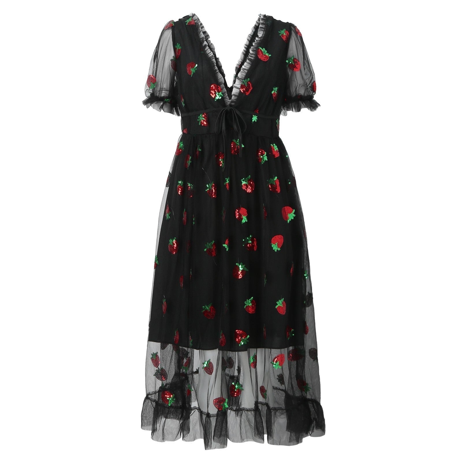 Damen-Tüllkleid mit verspieltem Erdbeerdesign und eleganter Schnürung, Größe S