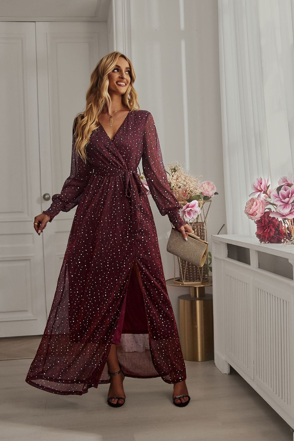 Women's wrap dress with swing hem and side slit, size