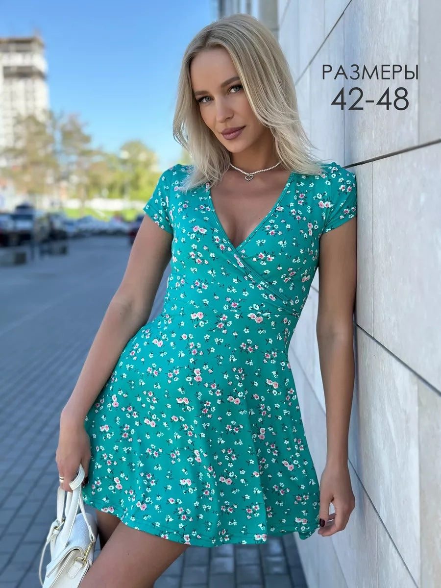 Valenzora | Short-sleeved, high-waisted, A-line floral dress