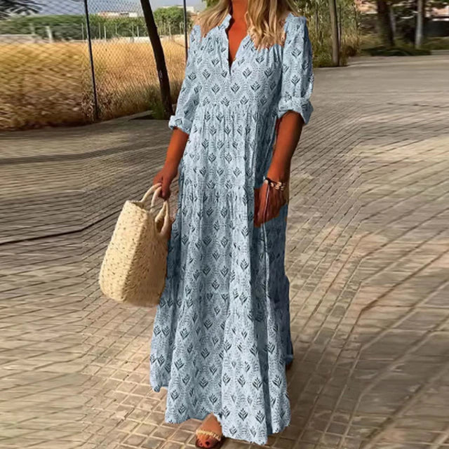 Valenzora | Langärmliges V-Ausschnitt Boho Kleid Sommerkleid