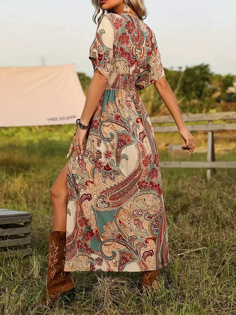 Valenzora | Maxi dress, paisley print, short sleeves, boho dress, maxi sundress