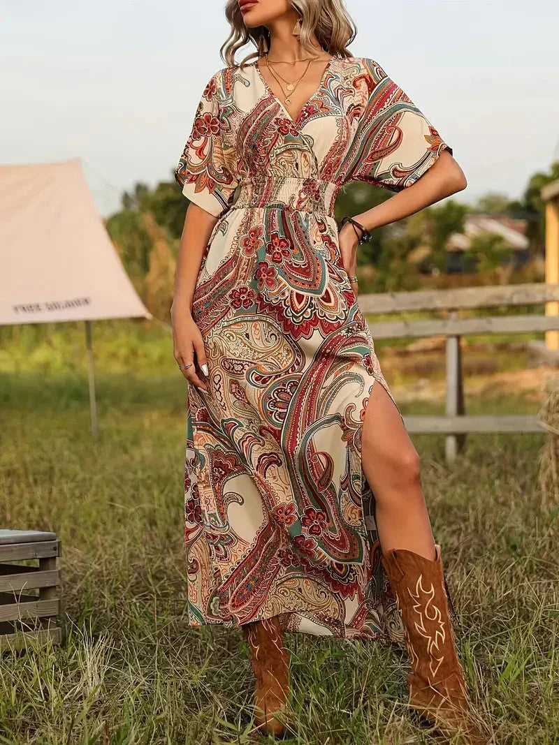 Valenzora | Maxi dress, paisley print, short sleeves, boho dress, maxi sundress