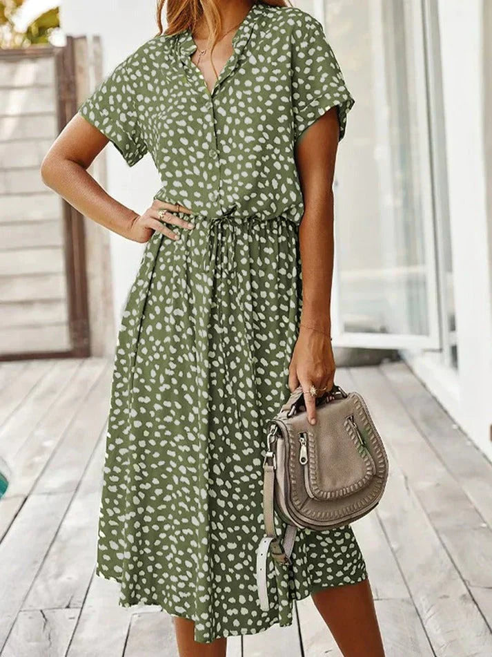 Valenzora – Elegantes kurzärmeliges Hemdblusenkleid mit Polka Dots und Tunnelzug in der Taille