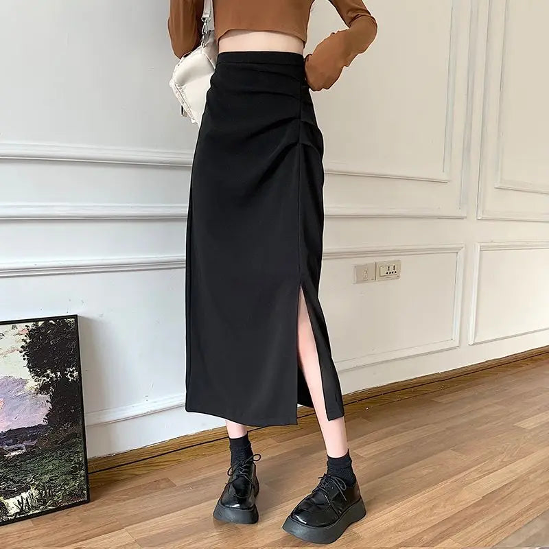 Valenzora - Women's midi skirt with pleats and side slit in Korean style