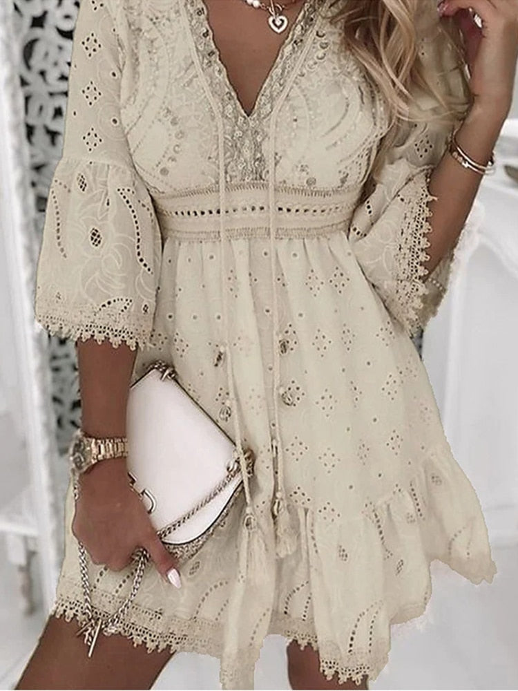 Valenzora | Half-sleeve boho style lace dress, summer dress