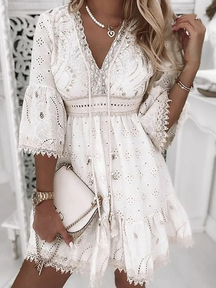 Valenzora | Half-sleeve boho style lace dress, summer dress