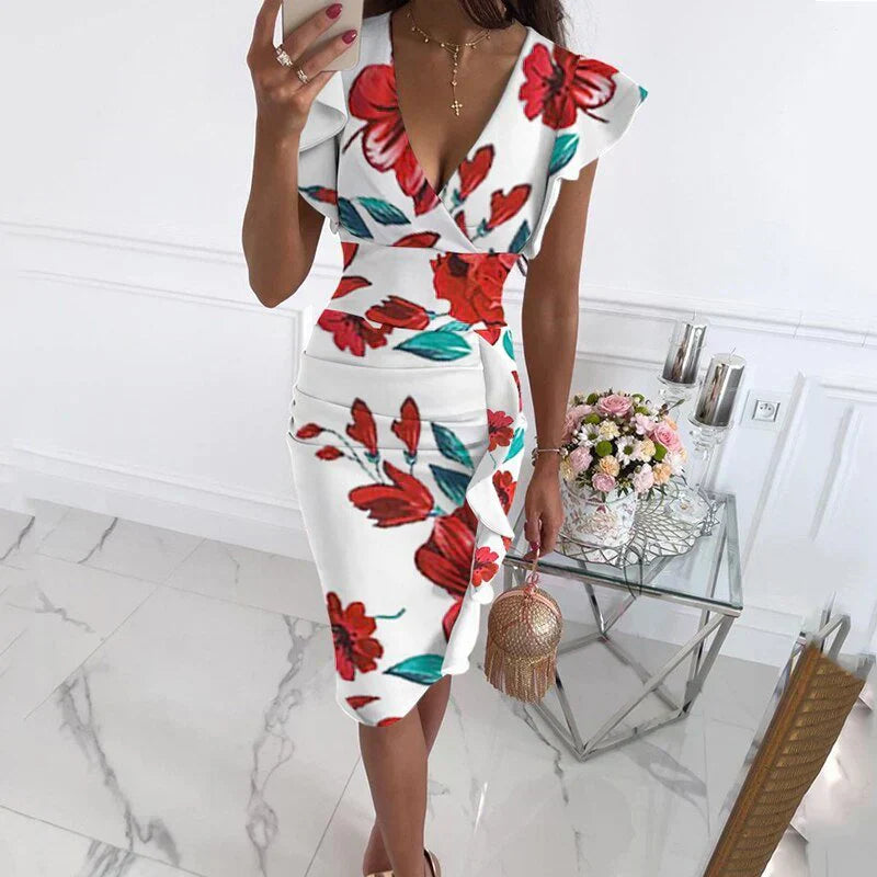 Valenzora | Dress with ruffled hems and V-neck