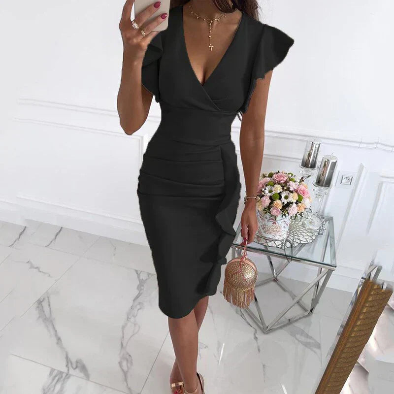 Valenzora | Dress with ruffled hems and V-neck