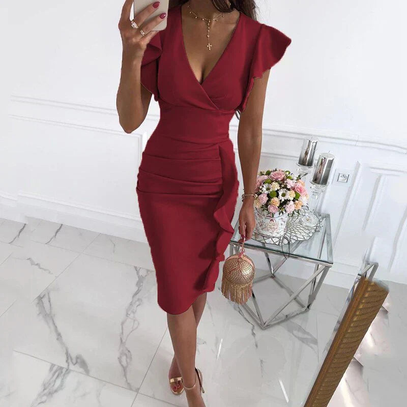 Valenzora | Dress with ruffled hems and V-neck