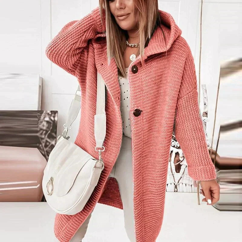 Valenzora | Extra lange, warme Strickjacke mit Kapuze für Damen