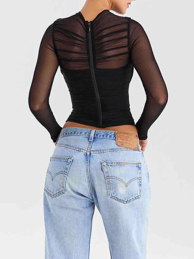 Mozision Sheer Mesh Sexy Long Sleeve Shirt