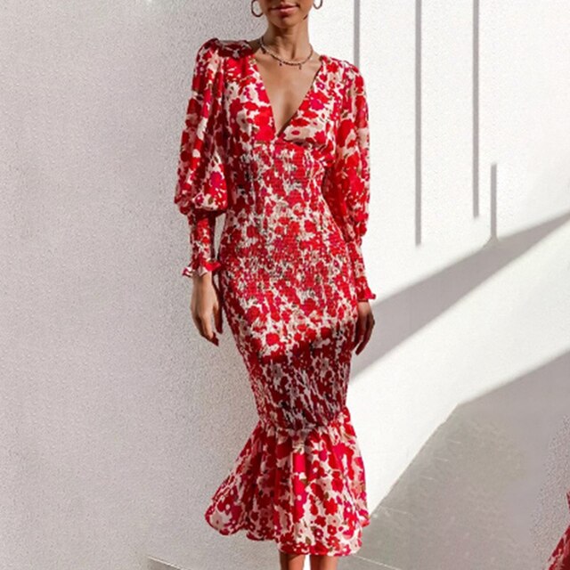Valenzora - Printed trumpet dress with V-neck