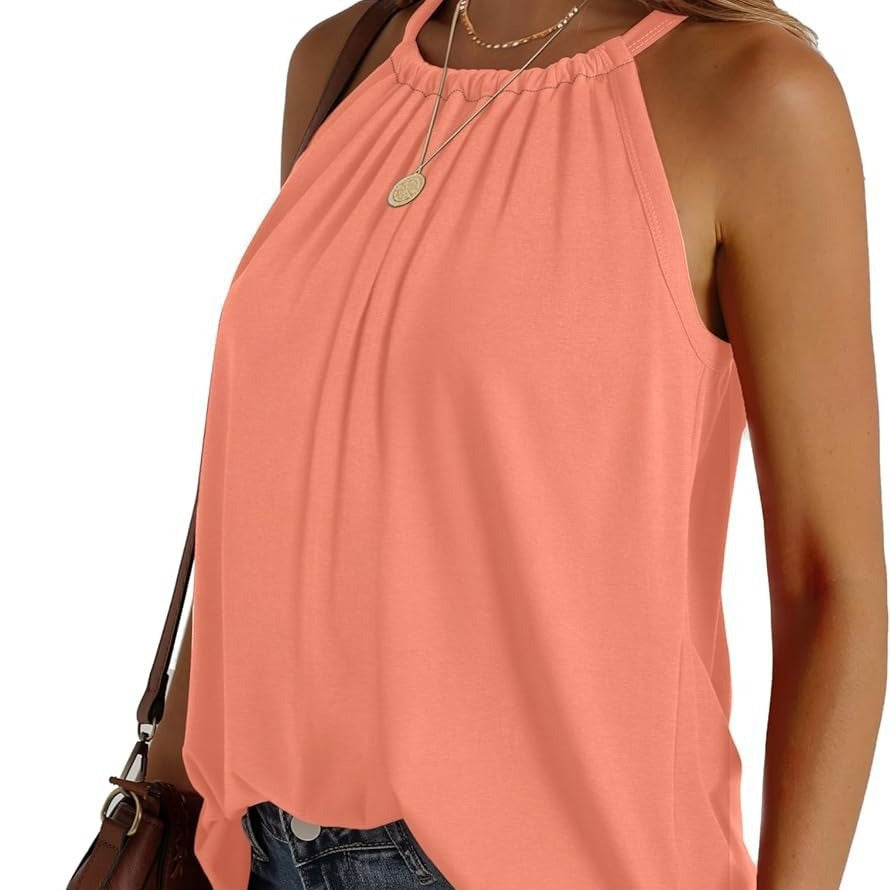 Women's sleeveless top with elegant wrap design and flowing fabric, size S