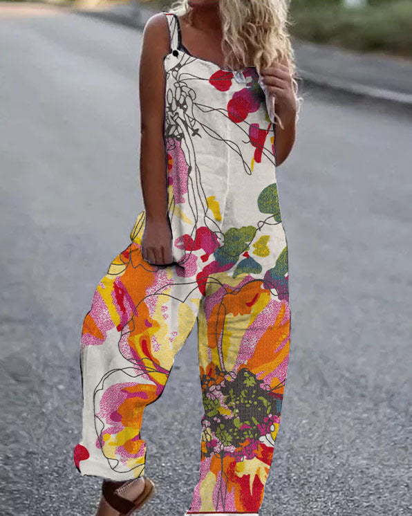 Valenzora | Large floral pattern lightweight fabric dungarees