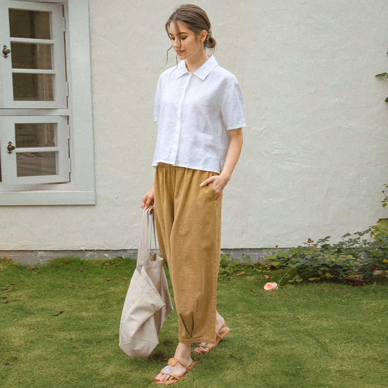 Women's short-sleeved linen blouse with classic collar and relaxed fit, size [size missing]