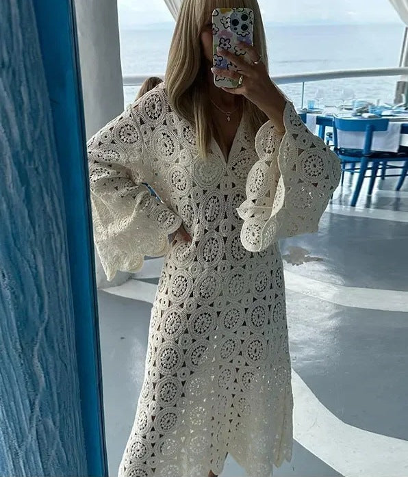 Luftiges Häkelkleid für Damen mit weiten Ärmeln, Größe