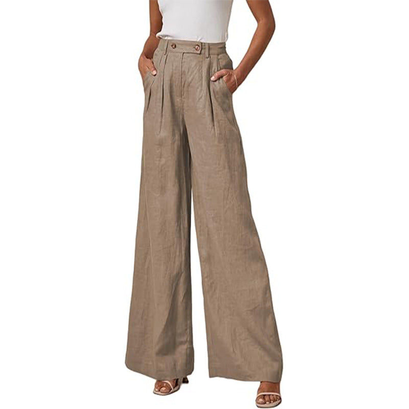 Elegante Damen-Leinenhose mit weitem Bein, hohem Bund und Bundfalten, Größe
