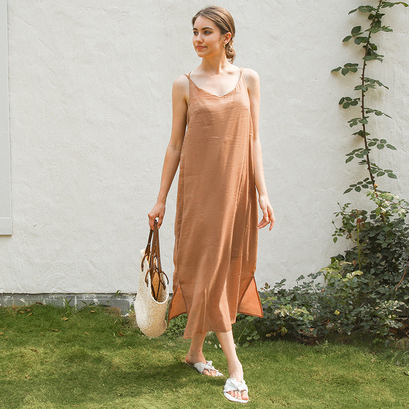 Elegantes Leinenkleid für Damen mit verstellbaren Spaghettiträgern und fließendem Schnitt, Größe S