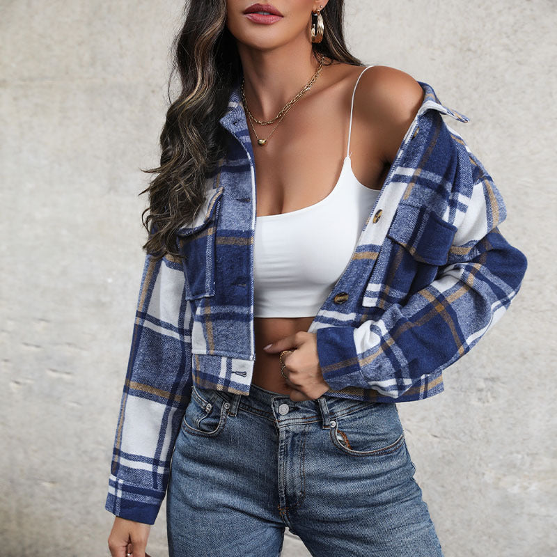 Women's cropped plaid jacket with practical pockets and fashionable details, size S
