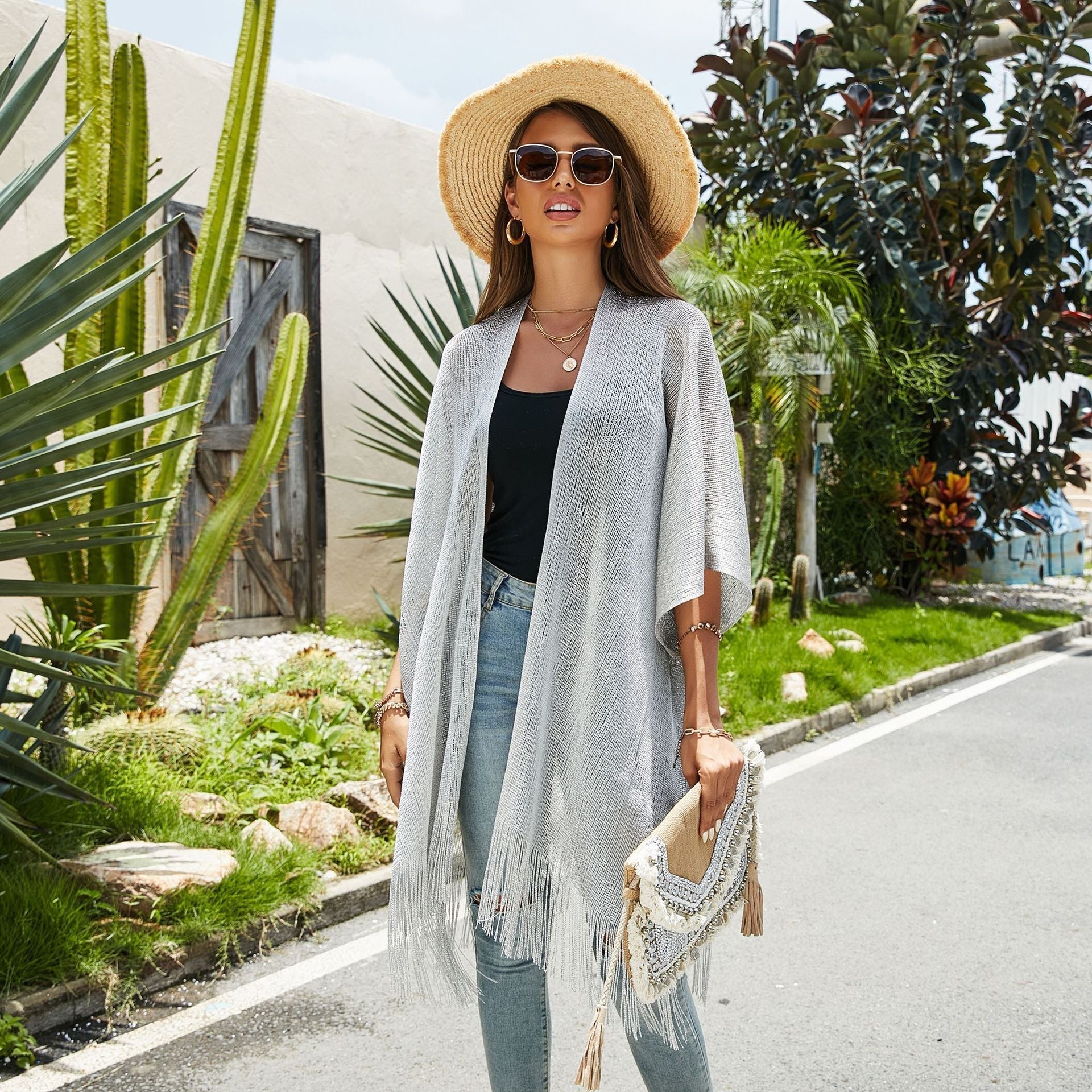 Women's fringed kimono in a transparent, airy fabric, size Valenzora