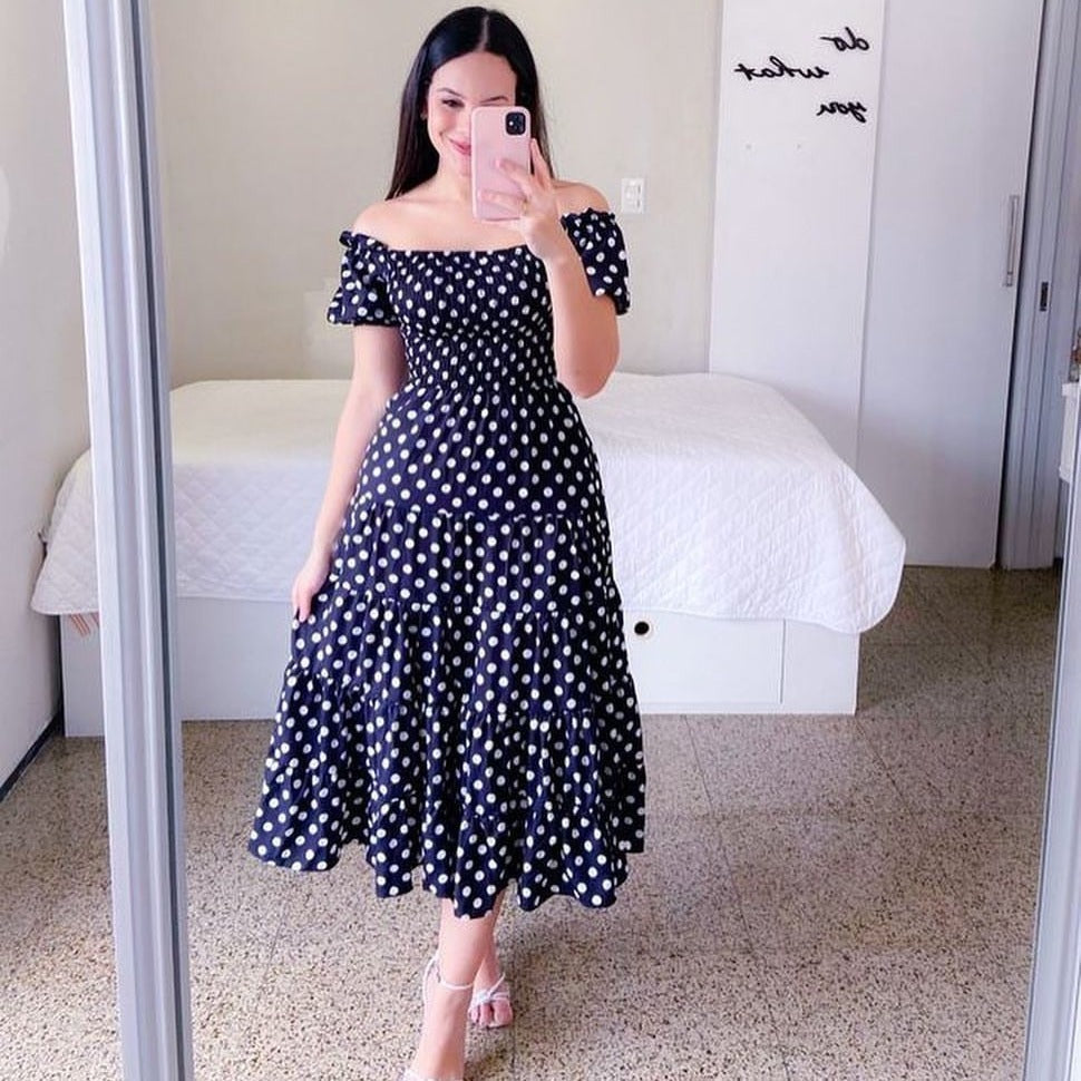 Women's midi dress with off-the-shoulder design and playful butterfly pattern, size S
