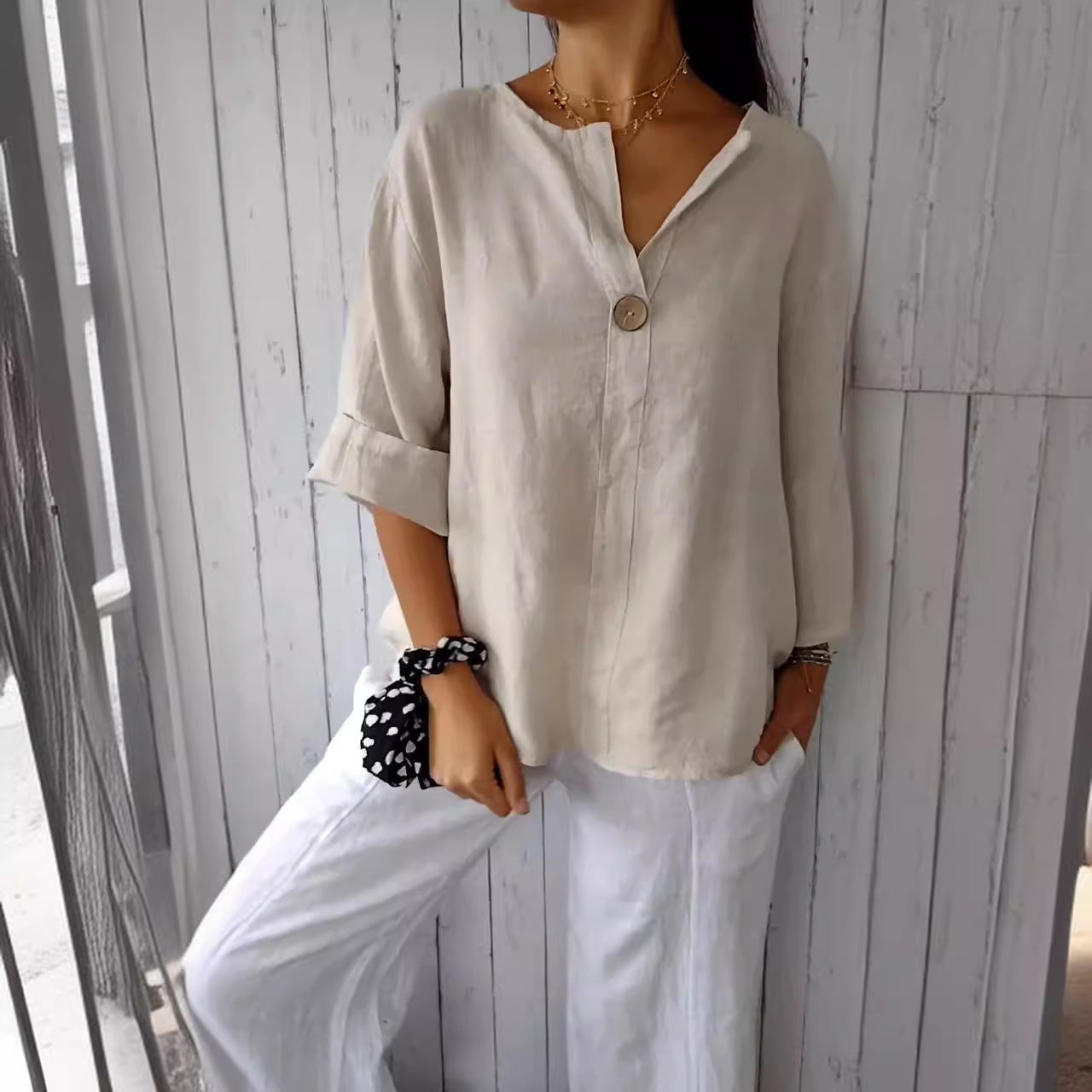 Women's airy linen blouse with front button and wide sleeves, size