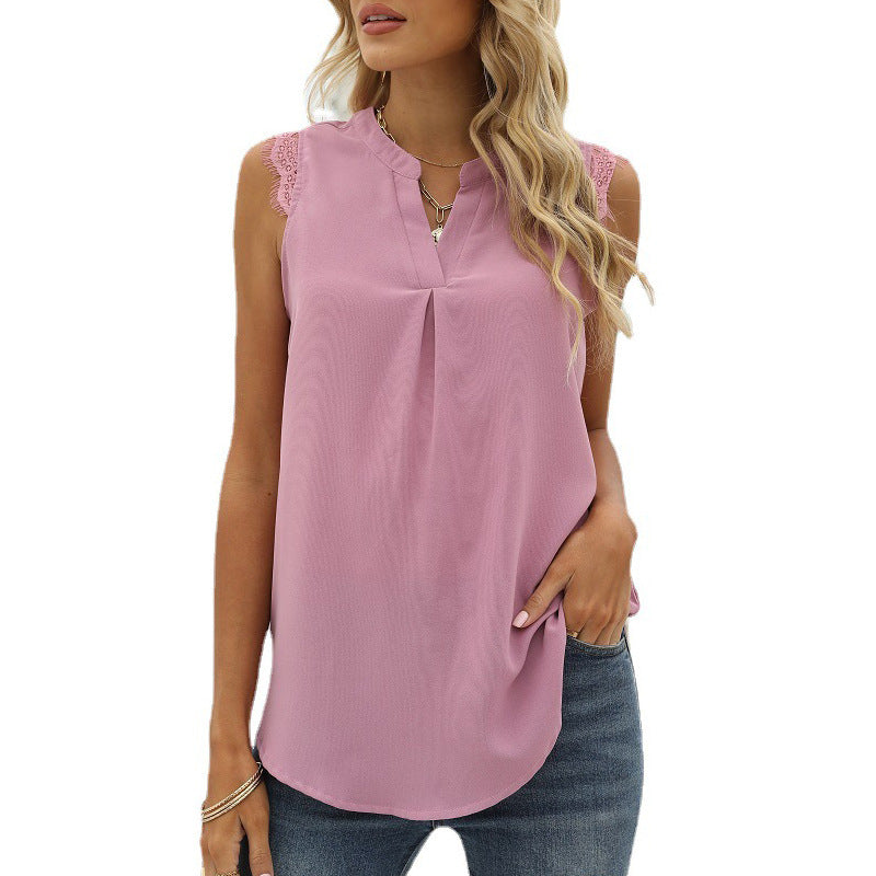 Damen-Bluse ärmellos mit eleganter Spitzen-Einlage und modischen Fältchen, Größe