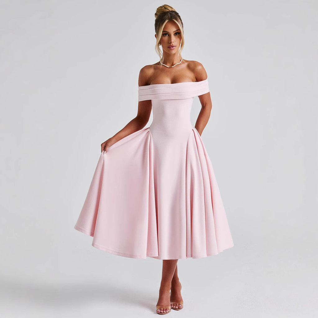 Elegantes Damenabendkleid mit Carmen-Ausschnitt und voluminösem Rock, Größe S