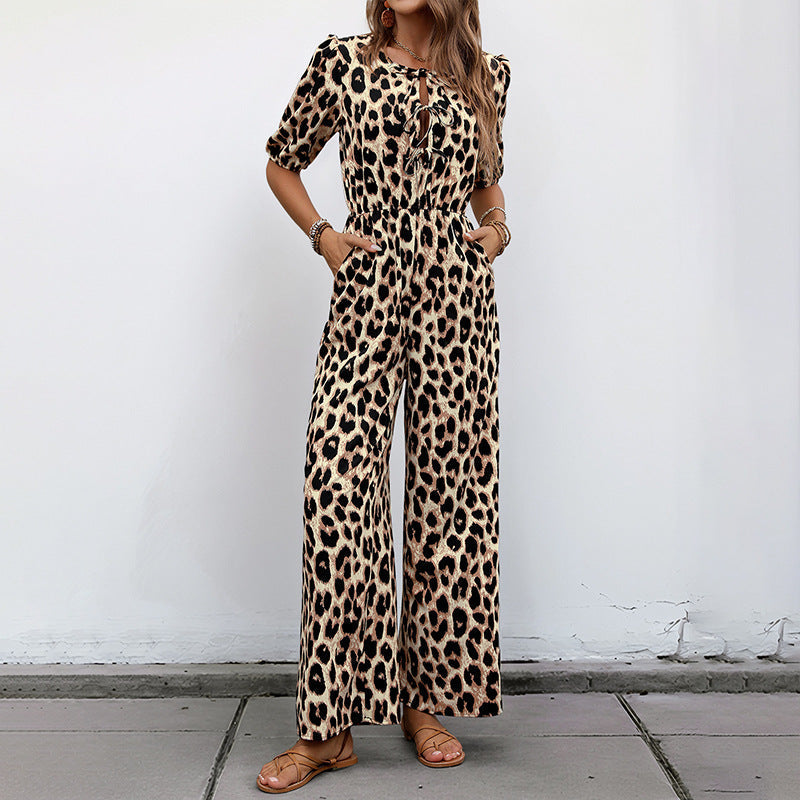 Damen Freizeit-Jumpsuit mit Leopardenmuster und Carmen-Puffärmeln, Größe [Größe]