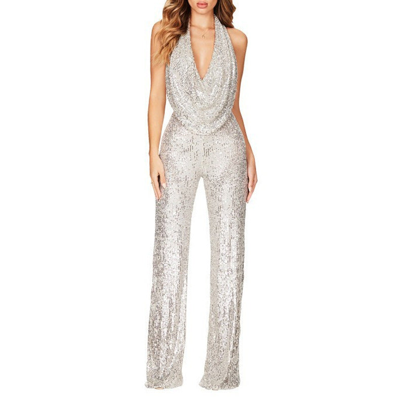 Women's glamorous jumpsuit with shimmering sequin trim and deep V-neck, size S