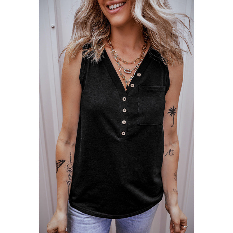 Damen-Ärmellose Bluse mit Knopfleiste und Brusttasche, Größe