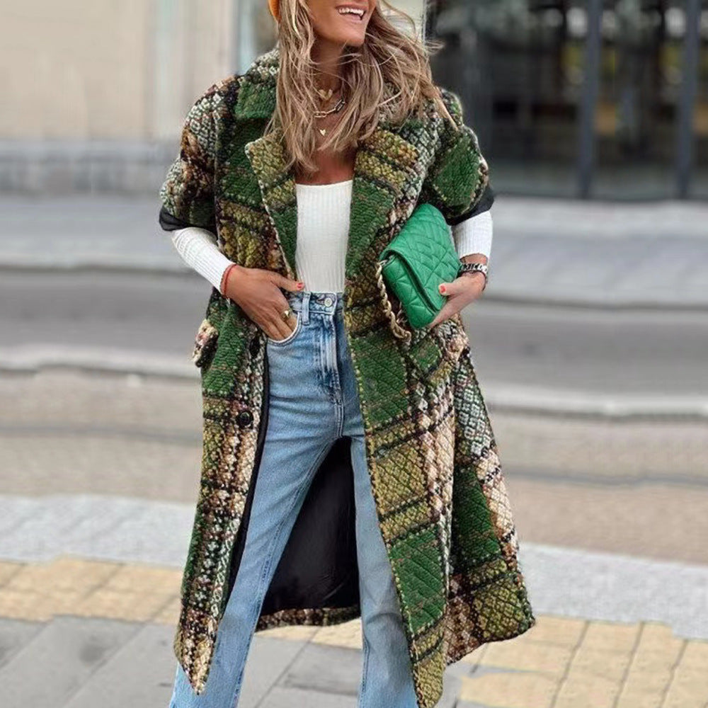 Women's decorative coat with art print and deep collar, size