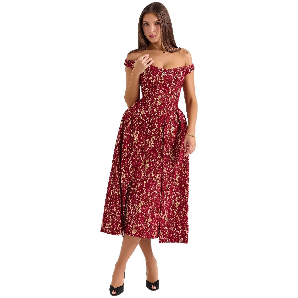 Women's evening dress with off-the-shoulder design and exquisite lace, size