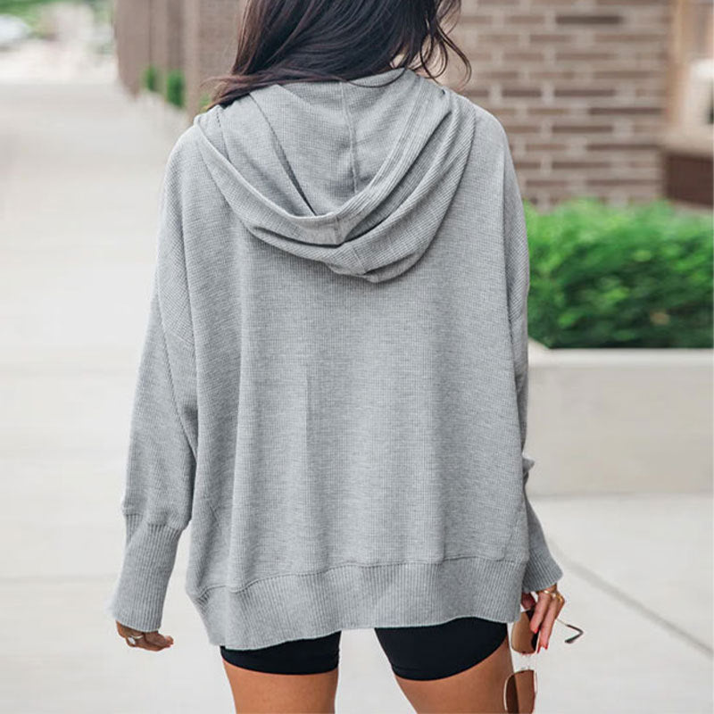 Women's hooded sweatshirt with button placket and practical pockets, size