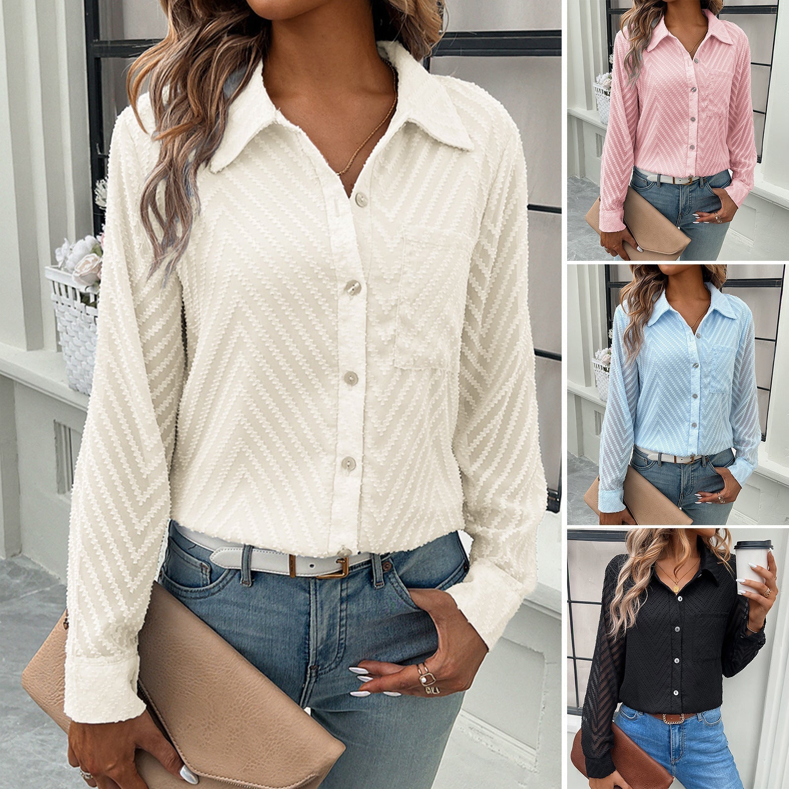 Women's elegant blouse with sheer sleeves and button closures, size [size missing]