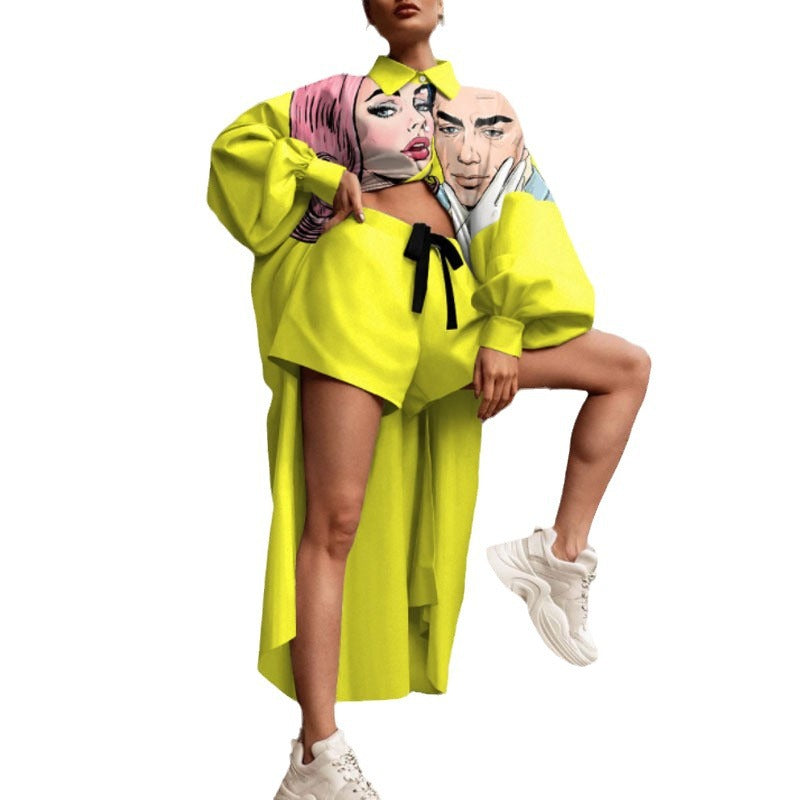 Damen-Oversize-Hemd mit Grafikprint und Shorts-Kombination, Größe S