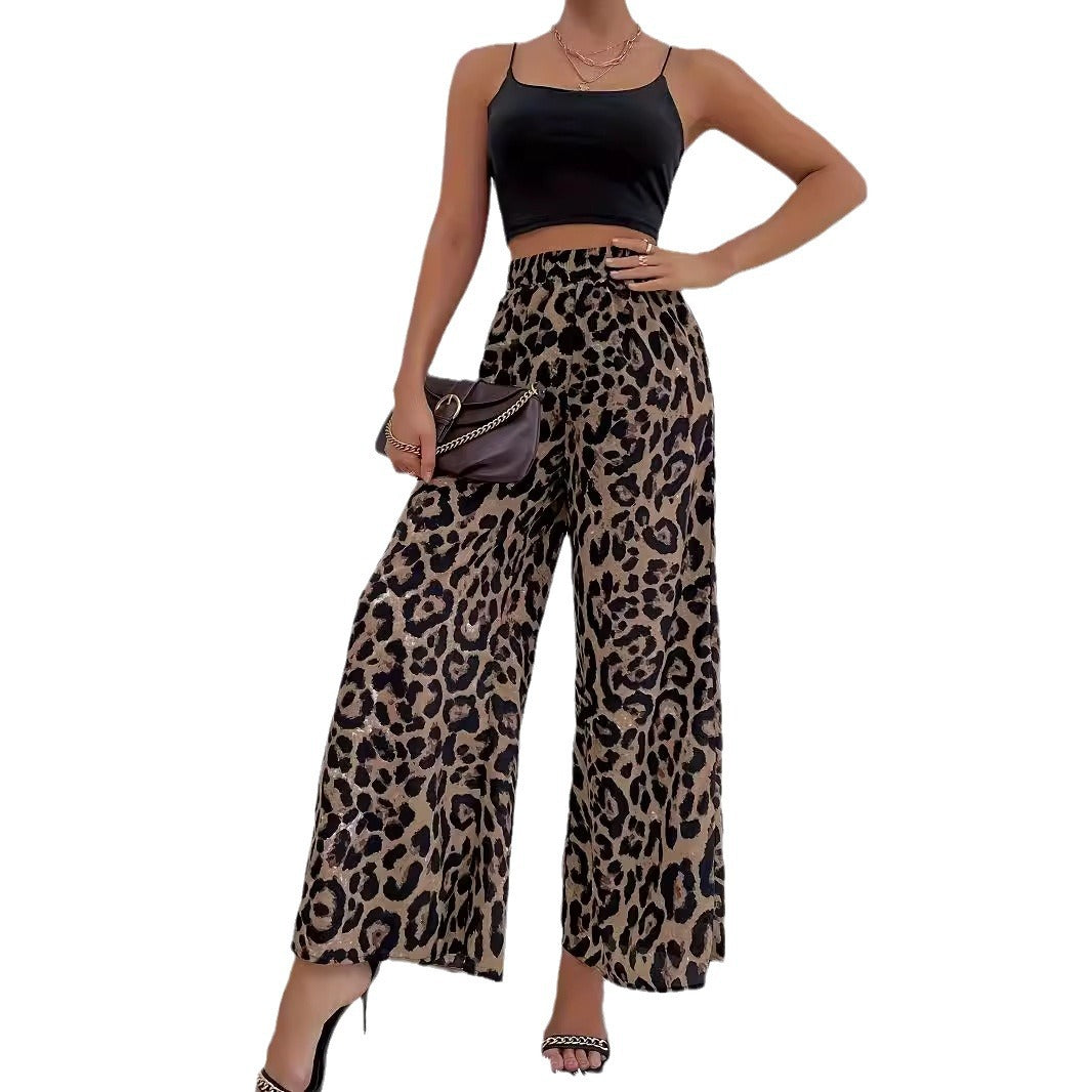 Damenhose mit weitem Bein im Leopardenmuster aus fließendem Material mit elastischem Bund, Größe S