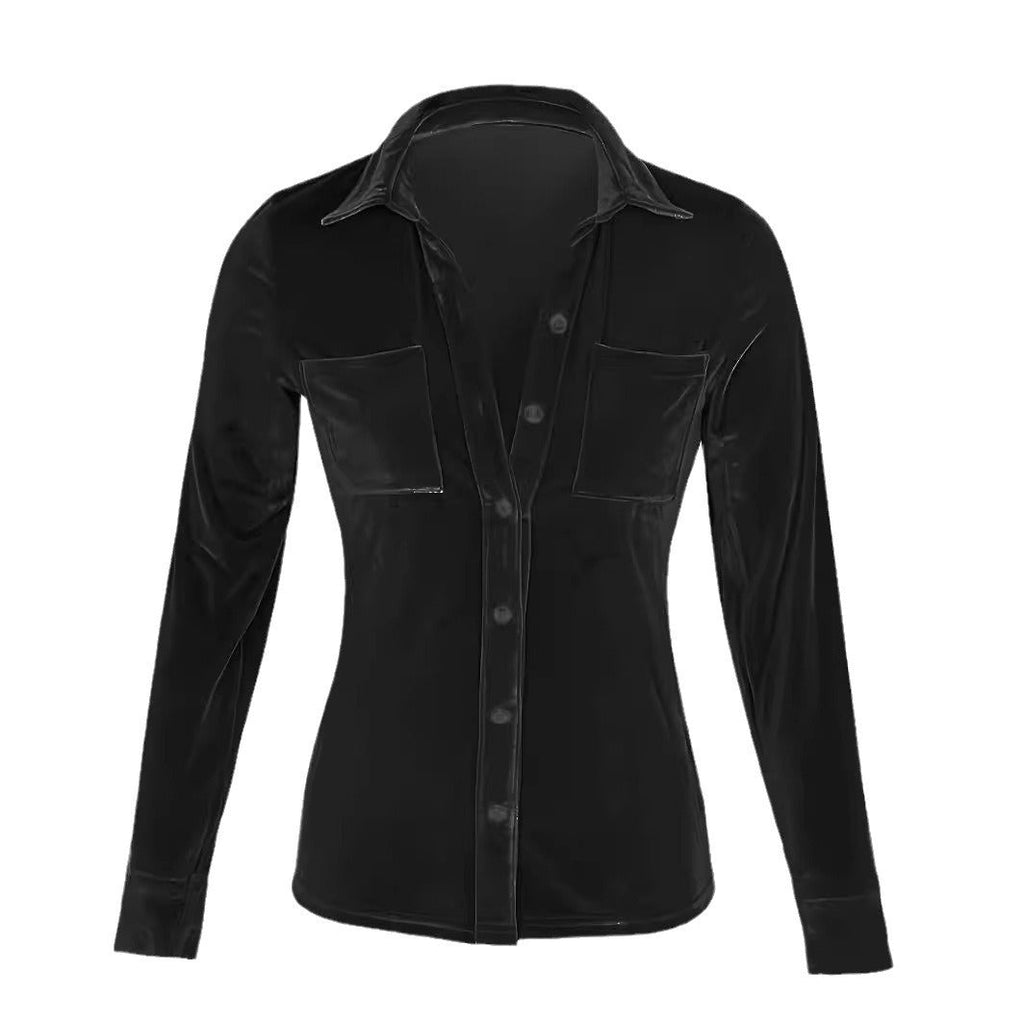 Women's elegant silk blouse with long sleeves and patch pockets, size Valenzora