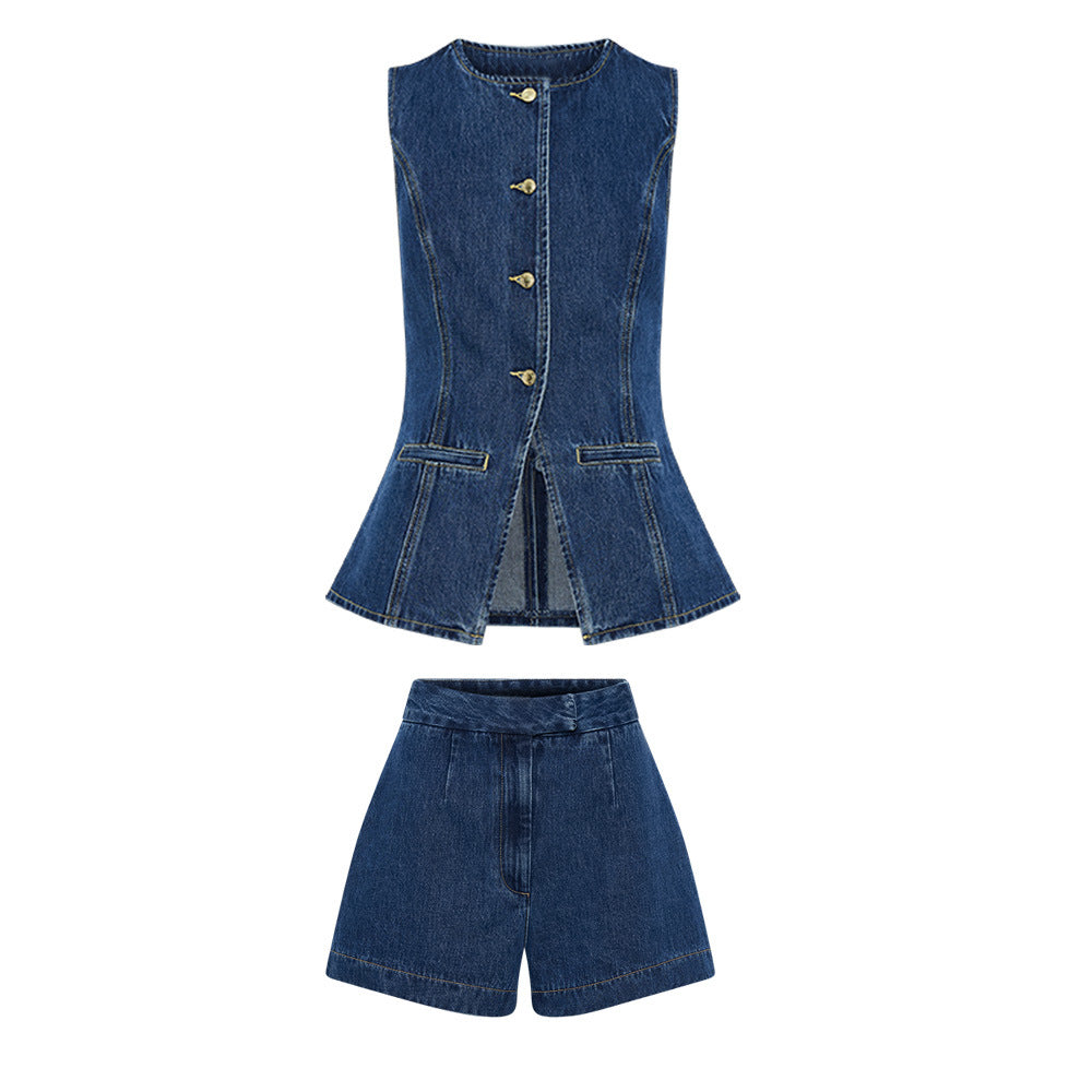 Valenzora | Denim Slim Fit Vest Shorts Two-Piece Set