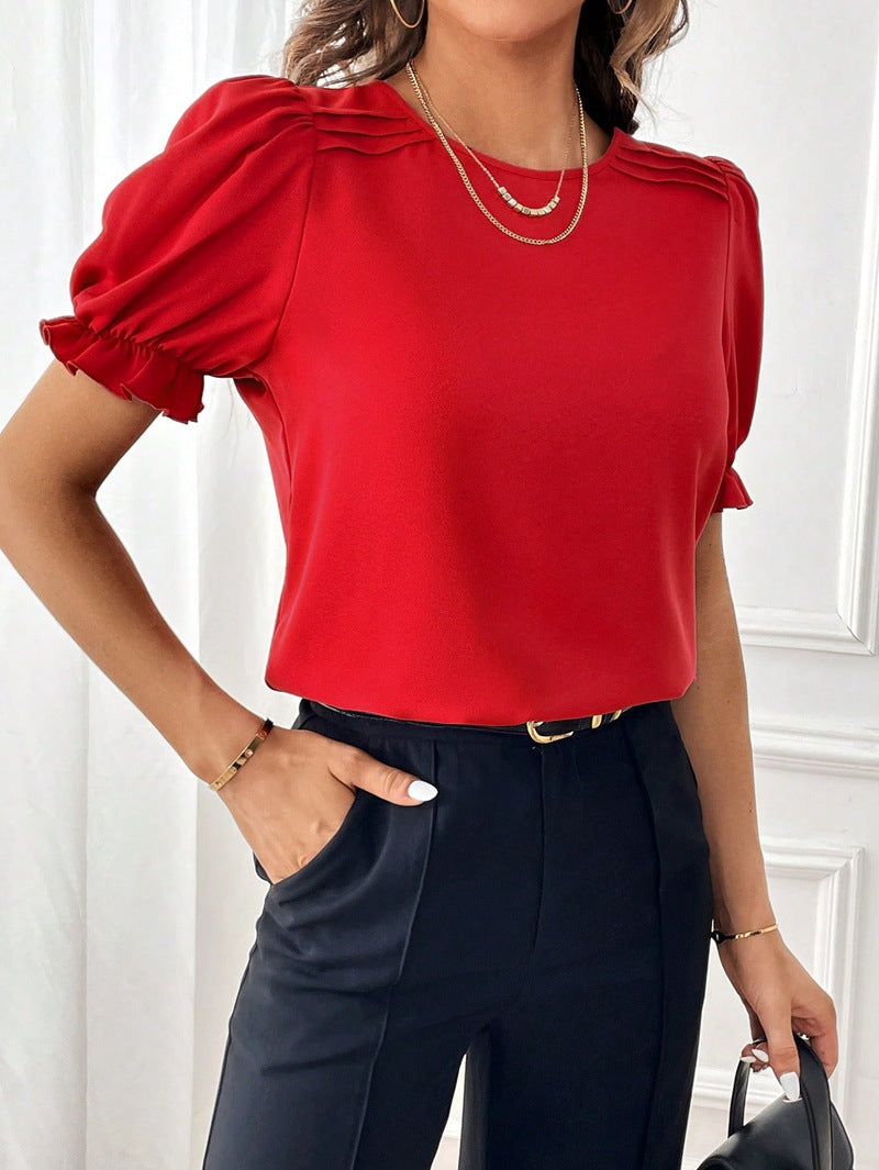 Valenzora Pure-Color Round Neck Shirt Top with Temperament
