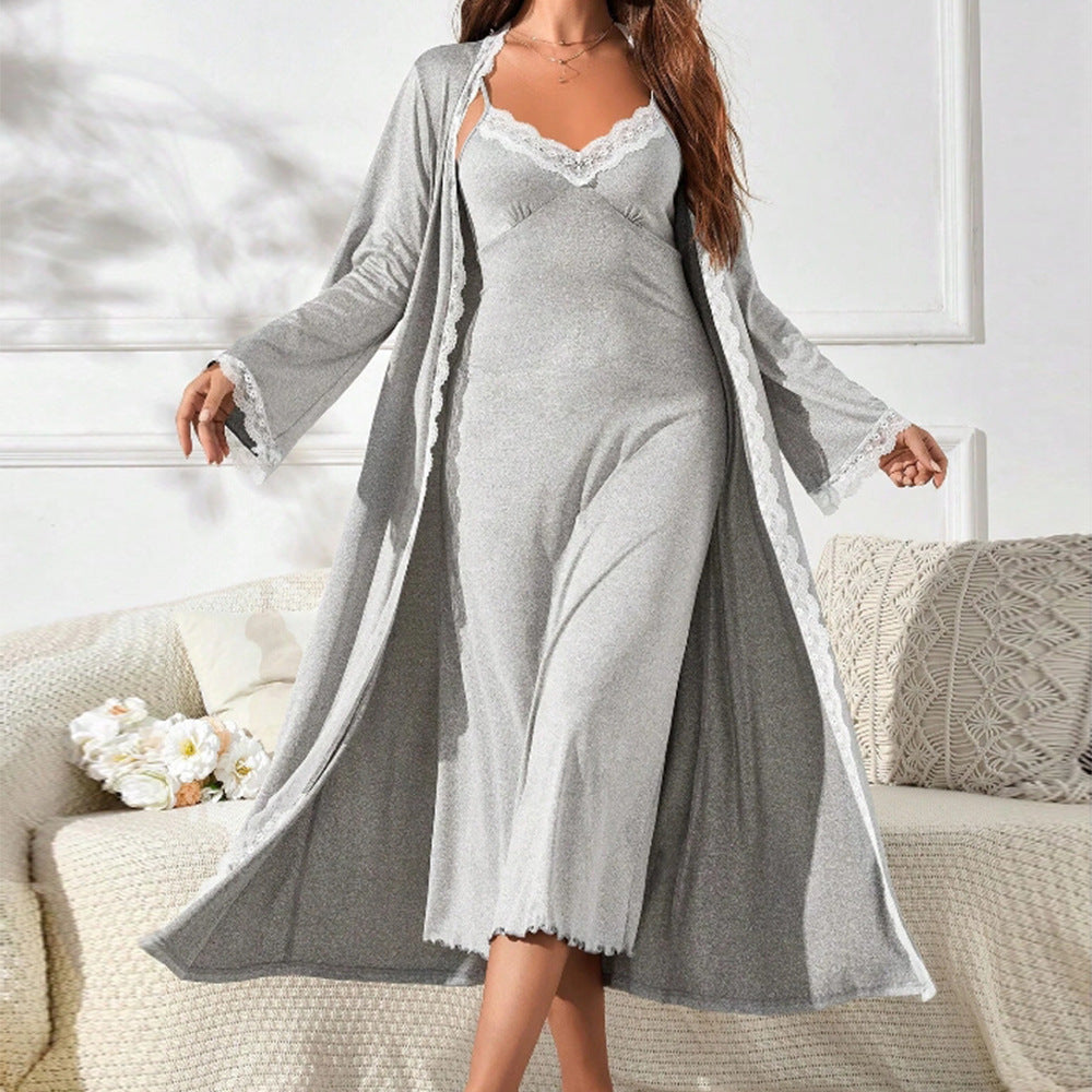 Women's luxurious nightgown with elegant lace trim and long cardigan, size S