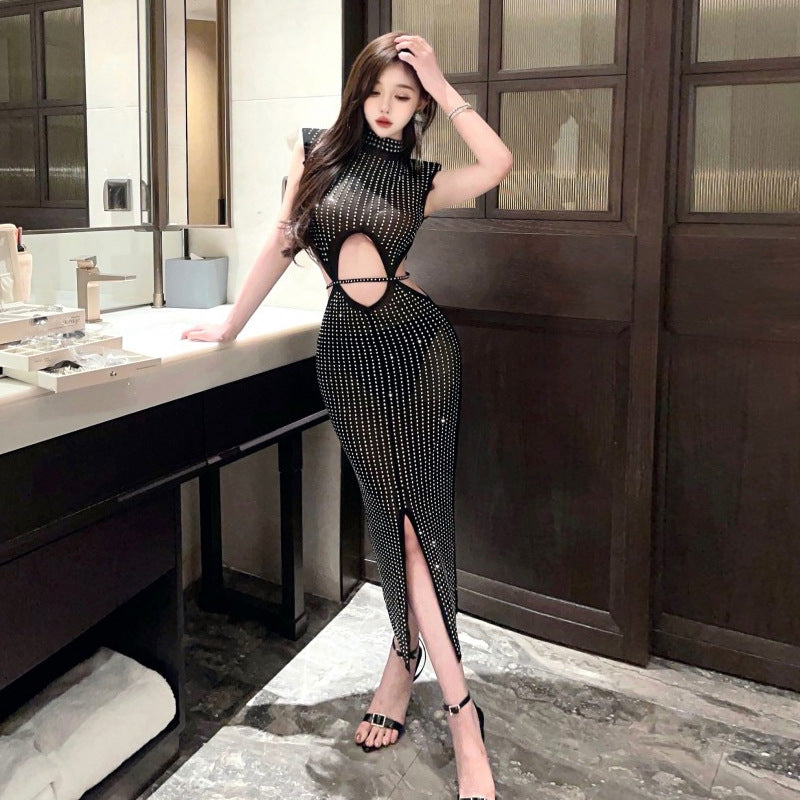 ValenzoraMODE | Sexy Mesh Sheer Rhinestone Hollow Split Bodycon Dress
