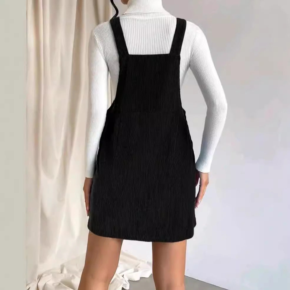 Women's corduroy pinafore dress with button details, size